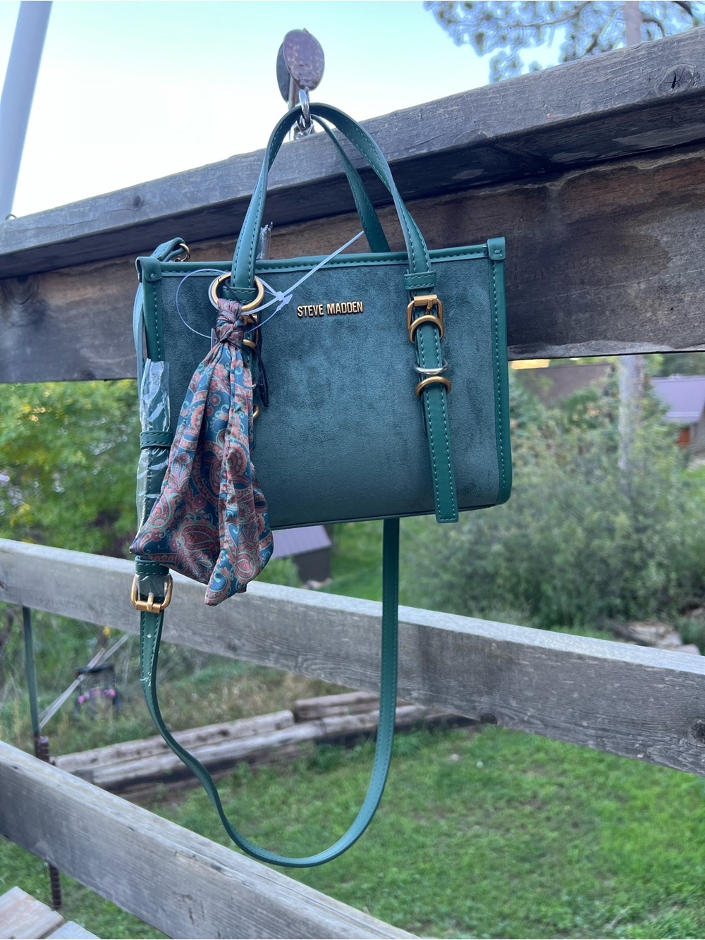 Steve Madden Green Mini Crossbody Tote with Scarf Accent